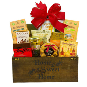 gift for the new homeowners, arranged in wooden gift basket filled with the best products