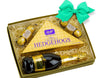 gold gift box with proseco italian sparkling wine, purdys chocoalte box and rosherro ferrero chocoalte.