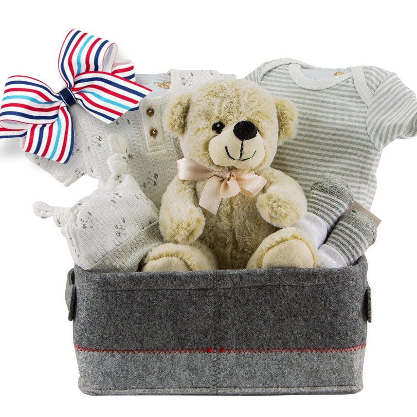 neutral baby gift basket with teddy bear toy