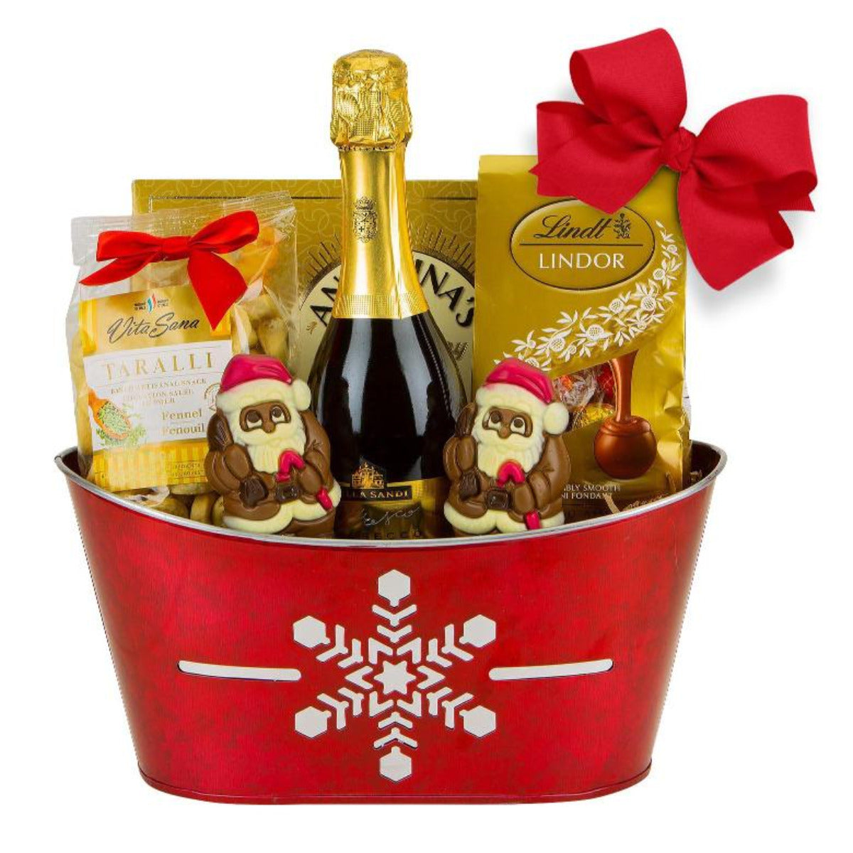 christmas gift basket with champagne, the best quality chocolate, italian crackers and santa figures.