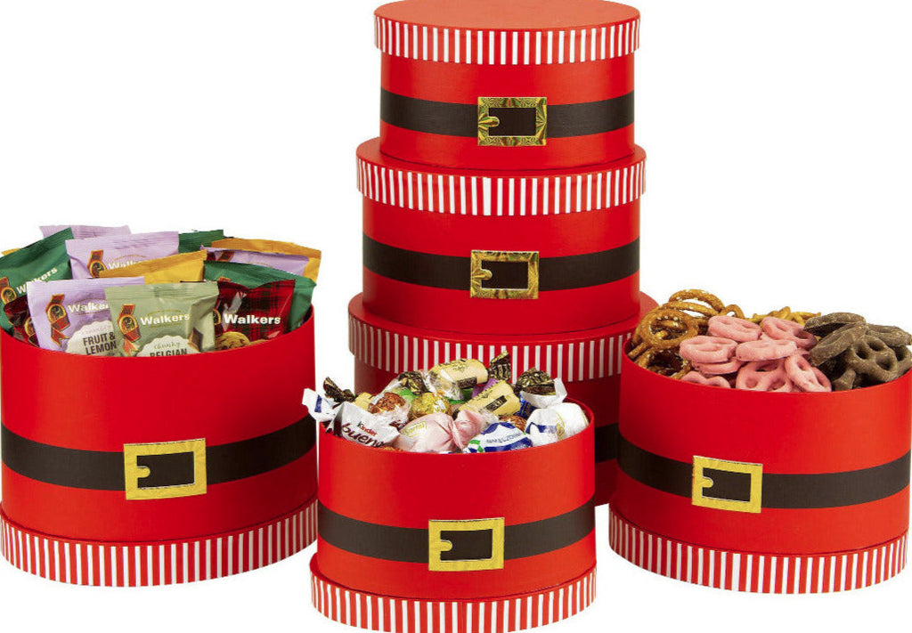 holiday gift tower in three red boxes includes pretzels, walkers cookies, french truffles
