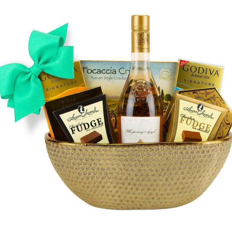 elegant gold gift basket with champagne and godiva, cheese, crackers and truffles