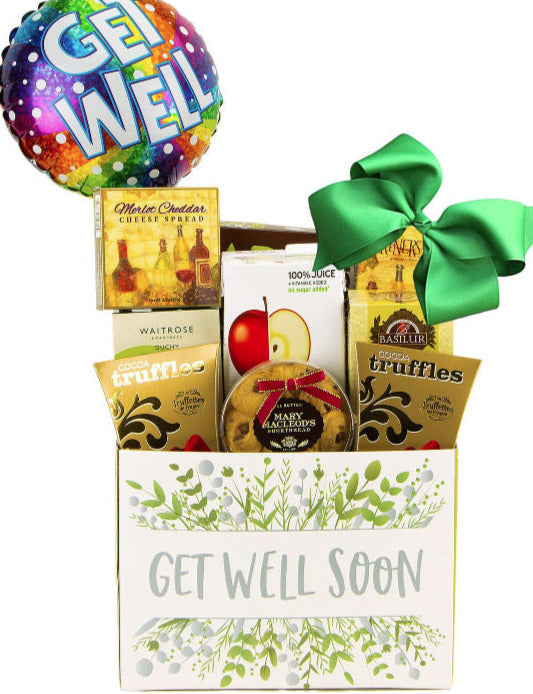 get well gift basket, orgnic juice, crakcers, cheese, cookies. feel better