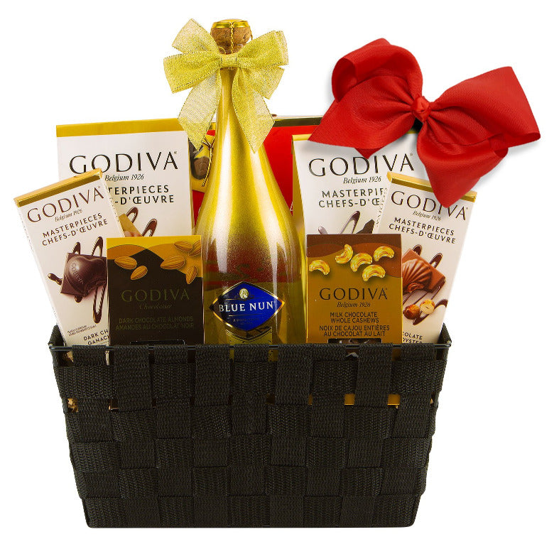 the best gift basket for all occasions, godiva chocolates and truffles and gold champagne