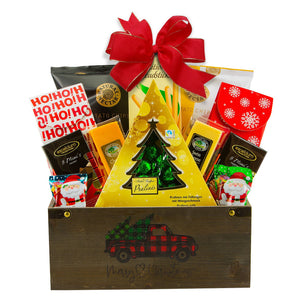 wooden holiday gift basket in big wooden box filled with the best and most wanted holiday products
